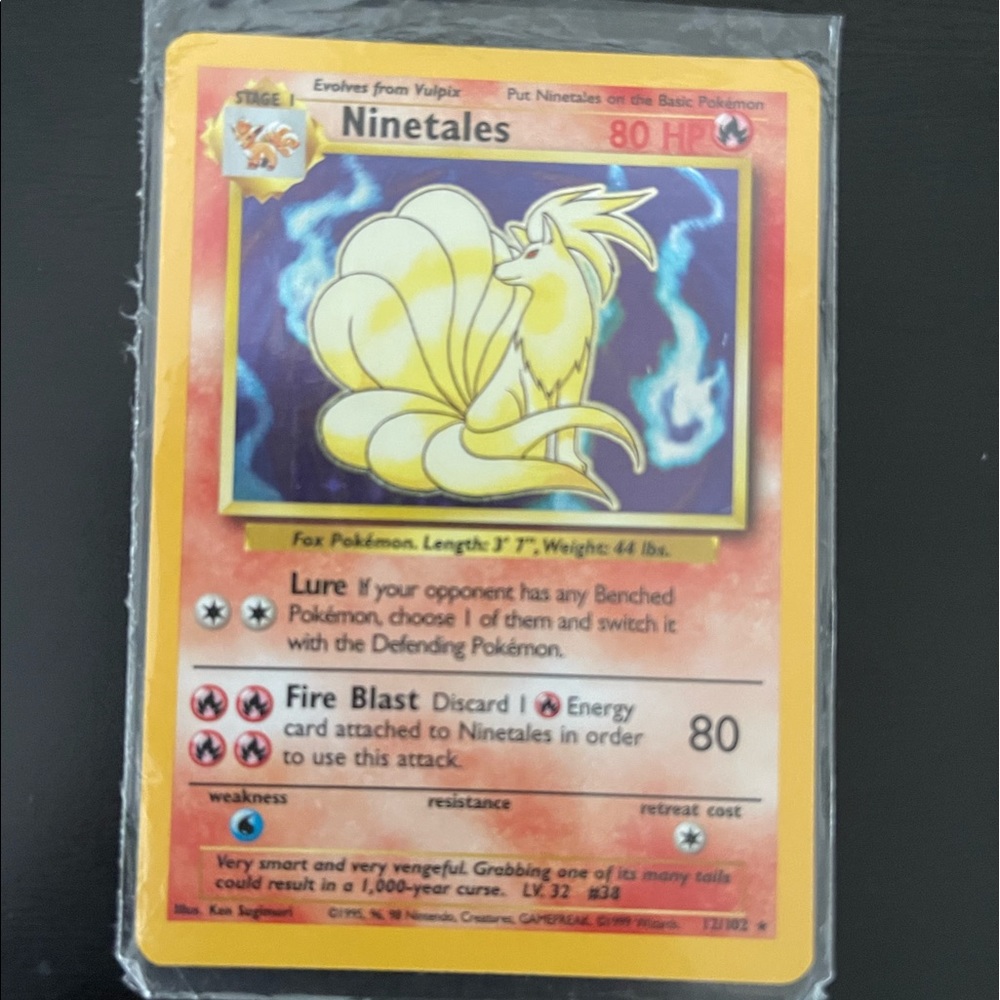 Ninetales 1999 Holo 12/102 Pokemon Base Set Rare. Card has lived in sleeve.
